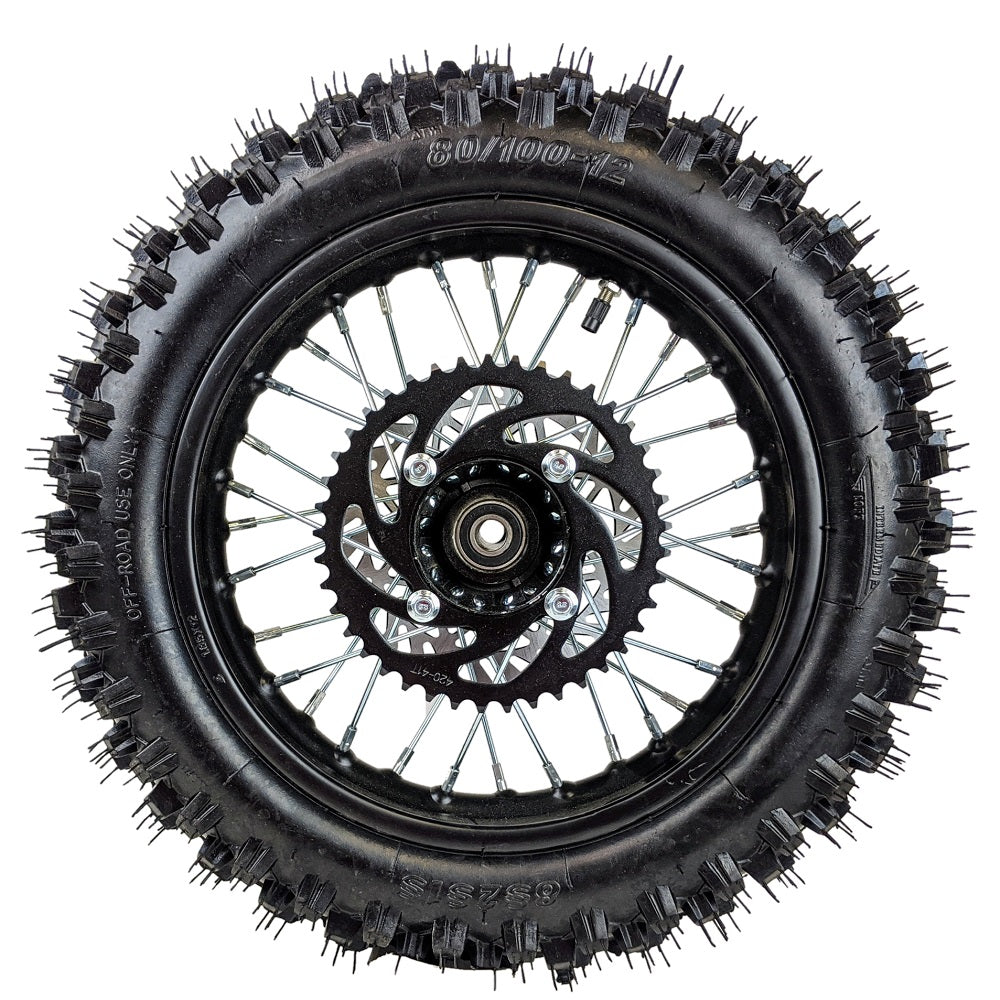 Wheel Rim Assembly - Rear - 12" Steel 15mm ID - Version Hub C - BLACK with Rotor, Sprocket, Tire and Tube