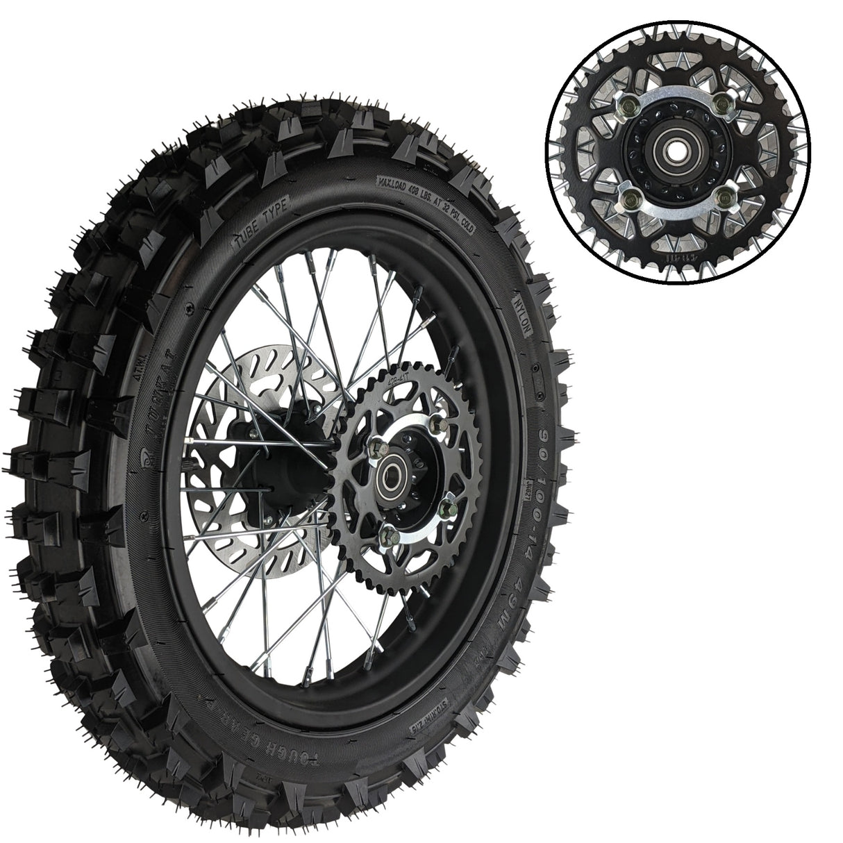 14" Rear Wheel Rim Tire Assembly For Dirt Pit Bike Trail 90/100-14 Rear Wheel Rim Tire Fits 125/140/150/160cc Pit Dirt Bike KLX65 Apollo Kayo TT 125 140 Includes Brake Rotor and Sprocket (14 inch)