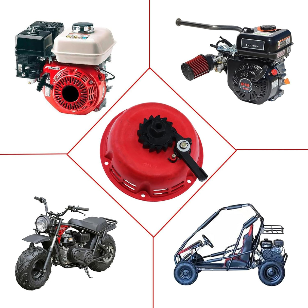 Electric Start Recoil Pull Starter Assembly for Predator 212cc Engine Compatible with Coleman CT200U CT200U-EX BT200X TrailMaster(Red)
