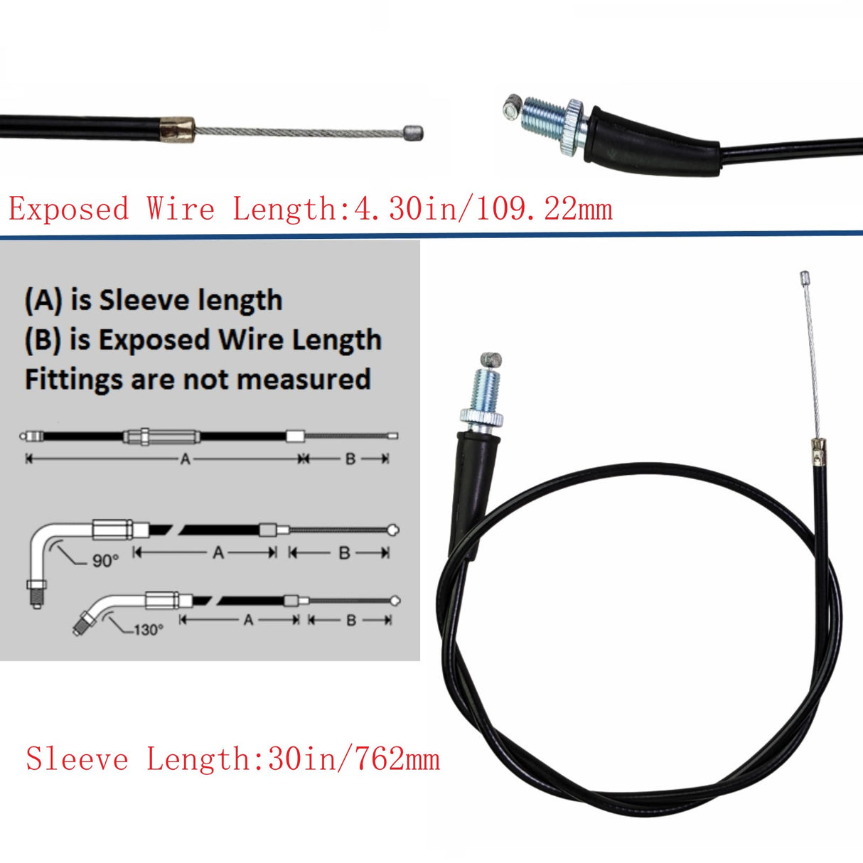 Throttle Cable, Straight, Dirt Bike - Sleeve Length: 30" - Exposed Wire Length: 4-3/8"