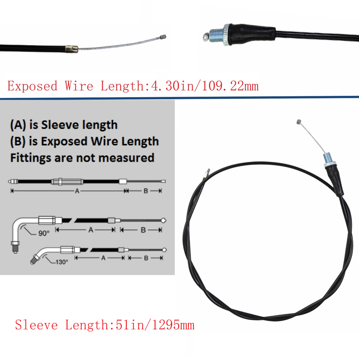 Throttle Cable, Straight, Dirt Bike - Sleeve Length: 51" - Exposed Wire Length: 4-3/8"