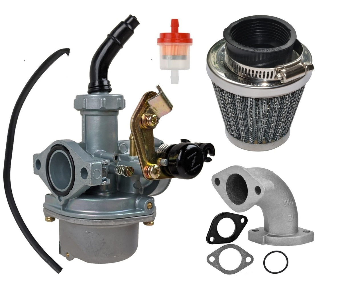 PZ22 22mm Carburetor Kit with 38mm Air Filter, Fuel Filter, Intake and Gaskets, Cable Choke