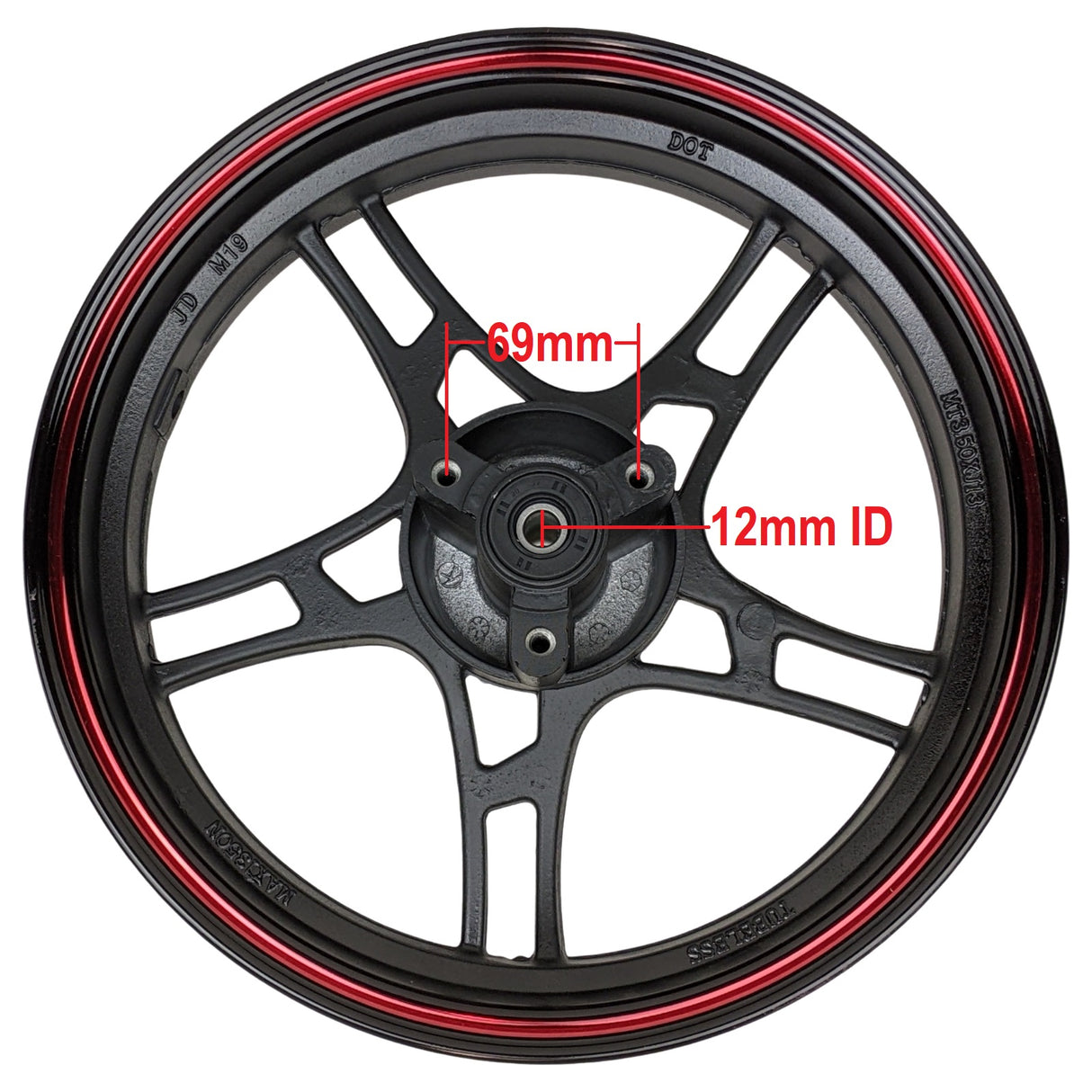 13" Front Rim Wheel with 3-Bolt Holes Pattern - MT 3.50x13 - Aluminum Rims 5 Spoke Design - for Gy6 Taotao Quantum 150 Scooters (Black & Red)