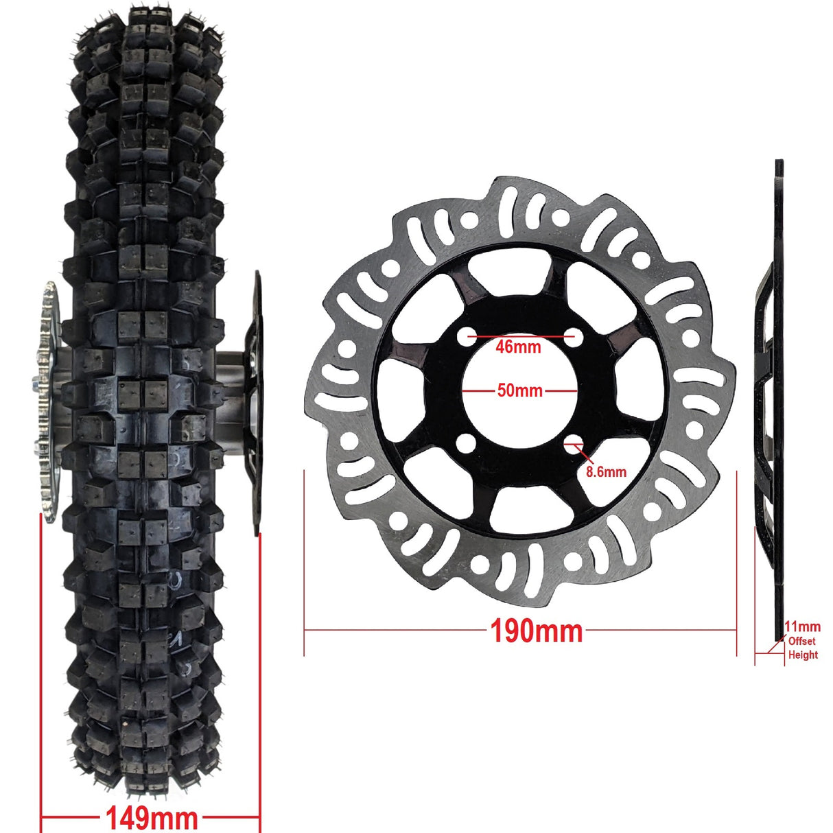 14" Rear Wheel 12mm Axle Hub  - Dirt bike Rims, Sprocket, Rear Rotor, and Rear Axle