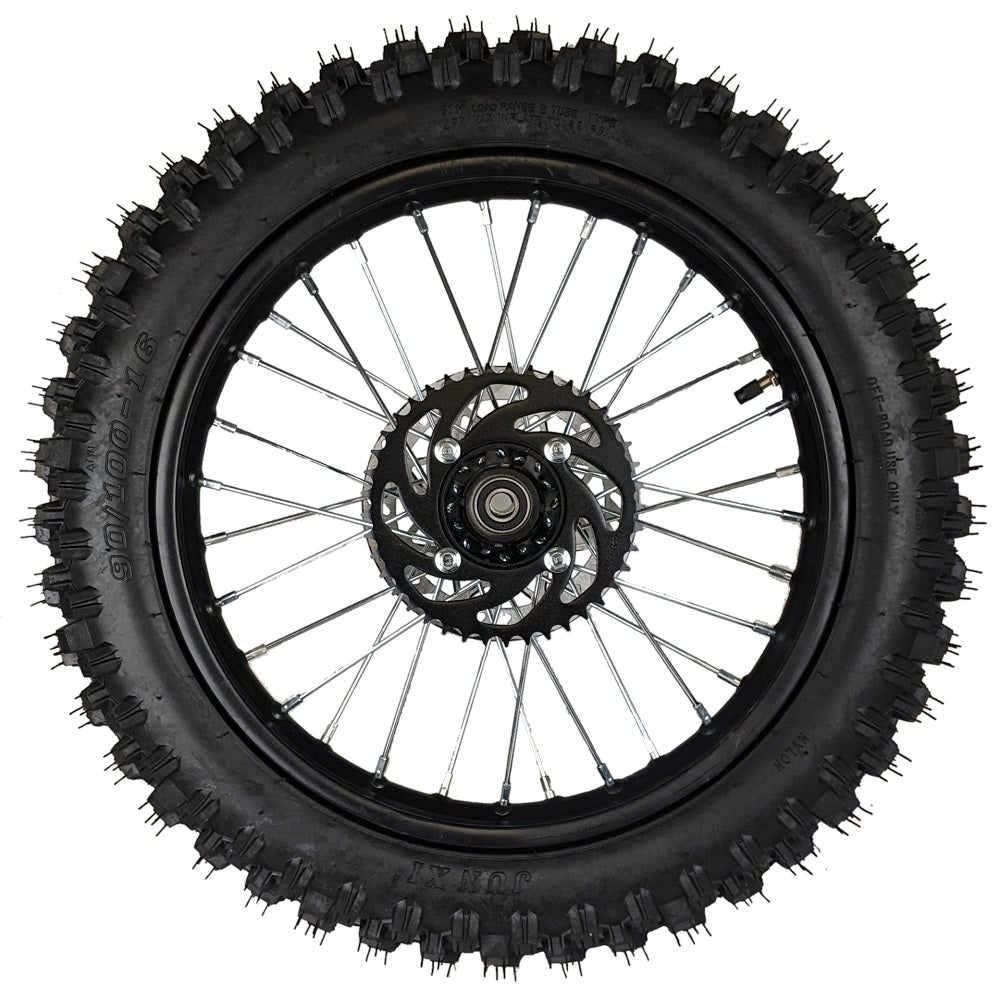 Wheel Rim Assembly - Rear - 16" Steel 15mm ID - Version Hub C - BLACK with Rotor, Sprocket, Tire and Tube